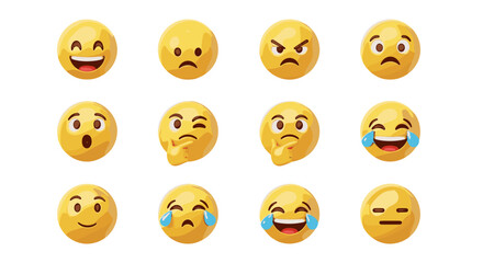 Fototapeta premium A vibrant collection of twelve 3D rendered yellow emoji faces, each displaying a distinct emotion, arranged in a 3x4 grid against a stark black background, showcasing happiness, sadness, anger