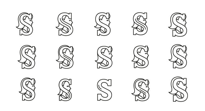 Seamless pattern of stylized 'S' monograms featuring a profile silhouette of a woman's head and subtle floral elements, rendered in a clean white outline on a stark black background, evoking a sense