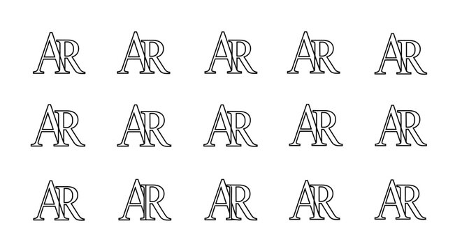 Abstract pattern of repeated 'AR' monograms in a classic serif font, rendered in a striking white outline against a deep black background, creating a bold and modern graphic design element suitable