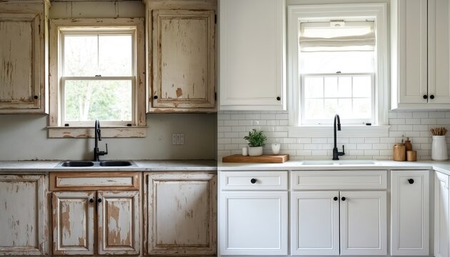 Kitchen before and after renovation. Half of image shows worn cabinets and old sink. Other half displays modern white kitchen remodel with subway tile and new sink faucet.