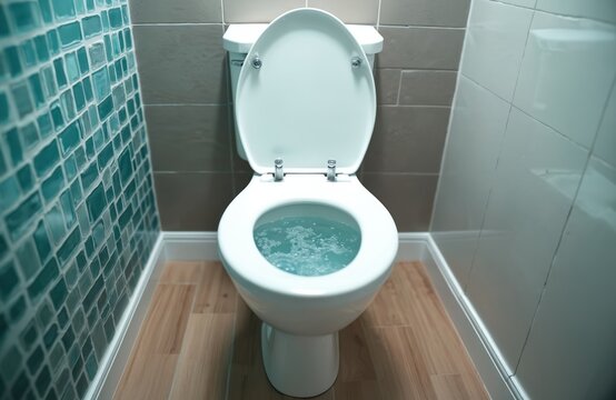 Clogged toilet bowl with high water level in modern bathroom. Water rises, about to overflow from rim. Common household plumbing problem with stuck drain needs urgent repair, pro sanitation service