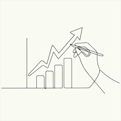Continuous line drawing of a hand drawing a rising bar chart with an upward arrow, symbolizing growth and success