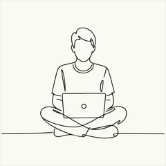 Minimalist continuous line drawing of a person sitting cross-legged with a laptop
