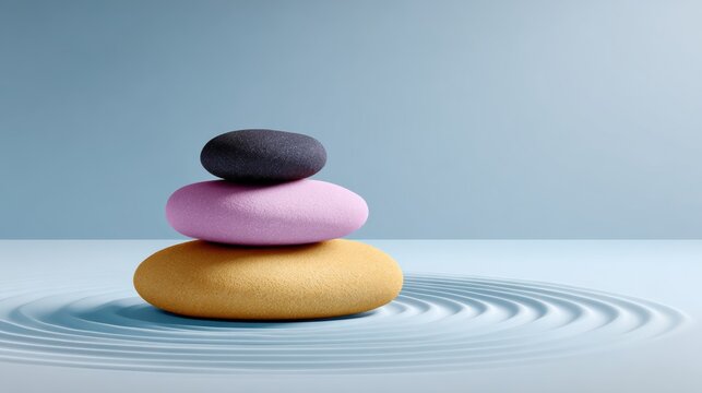Stacked colorful stones in harmonious arrangement on a serene surface, creating a calming atmosphere with gentle ripples in the background, symbolizing balance and tranquility in design
