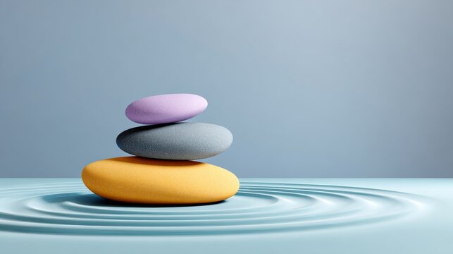 Stacked colorful stones in a serene setting, resting on a smooth surface with gentle ripples, creating a calming atmosphere that embodies tranquility and balance in a minimalist design