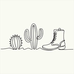Minimalist Desert Line Art Cactus, Cowboy Boot, and Western Landscape Silhouette