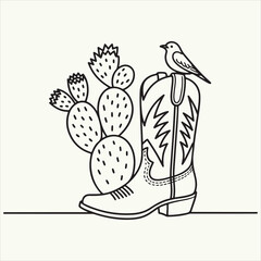 Simple line art drawing of a classic cowboy boot, a prickly pear cactus, and a bird in a Southwestern theme vector illustration