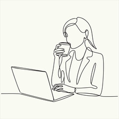Continuous line drawing of a woman working on a laptop and drinking coffee