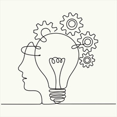 Continuous Line Drawing of a Human Head Silhouette with Lightbulb and Gears Inside, Symbolizing Ideas and Innovation