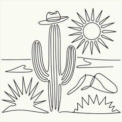 Desert Serenity Minimalist Line Art of a Cactus, Sun, and Southwestern Landscape