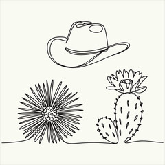Continuous Line Drawing of a Cowboy Hat, Cactus Flower, and Desert Bloom, Minimalist Art Style