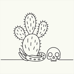 A desert scene illustration featuring a cactus, a coiled snake, and a skull, drawn in a minimalist line art style