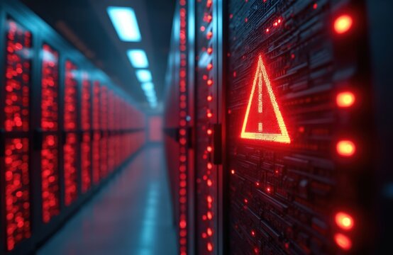 Futuristic server room glows with red lights, displaying a prominent warning triangle. Data overload or system failure is imminent in this high-tech data center environment.