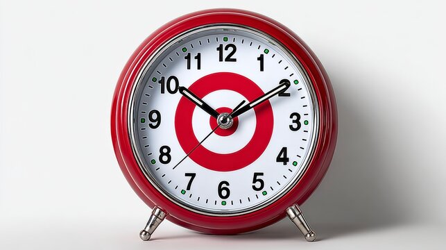 Classic red alarm clock with a white face and bold target design, showcasing the time at ten o'clock, symbolizing punctuality and the importance of time management in daily life