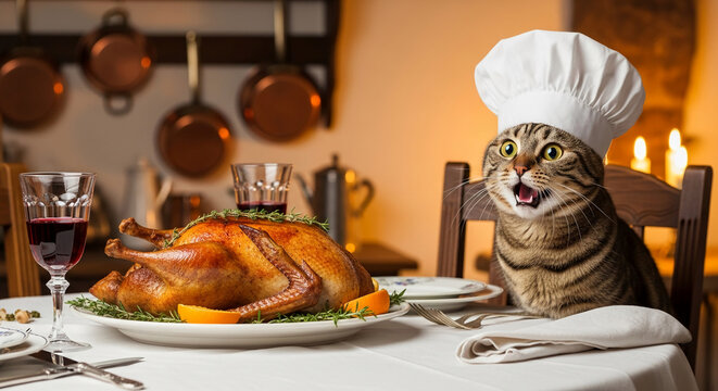 Roasted turkey with orange slices on a plate. Tabby cat wearing a chef hat. Representative of a humorous or unusual Thanksgiving celebration - Powered by Adobe