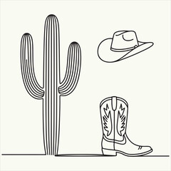 Wild West icon set with a saguaro cactus, cowboy hat, and boot drawn in a continuous line art style vector v26