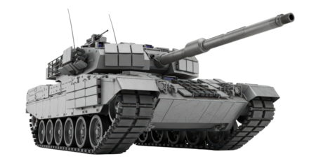 Modern military tank with heavy armor and long barrel on transparent background