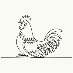 Minimalist continuous line art drawing of a majestic rooster, symbolizing farm life and natural elegance in a simple vector illustration design
