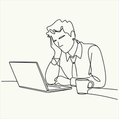 Minimalist continuous line art illustration of a tired and overwhelmed man working late on a laptop, symbolizing burnout, stress, and a demanding professional life