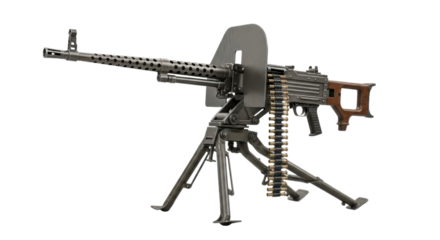 Vintage heavy machine gun with tripod and ammunition belt on transparent background