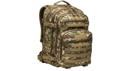 Camo tactical backpack with multiple compartments and straps