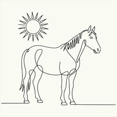 Continuous one line drawing of a majestic horse and a radiant sun, a minimalist equestrian vector illustration