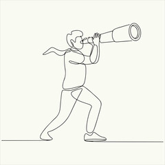 Businessman looking through a telescope, symbolizing a search for future opportunities and business vision. Continuous one line drawing