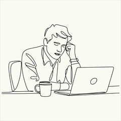 Line art illustration of a tired man sleeping at his desk with a laptop and coffee cup