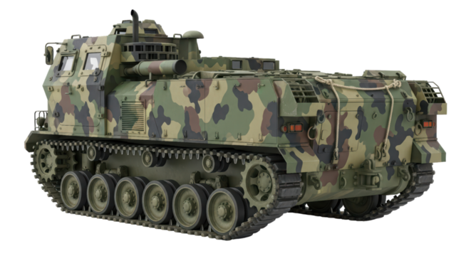 Camouflage military armored vehicle on transparent background
