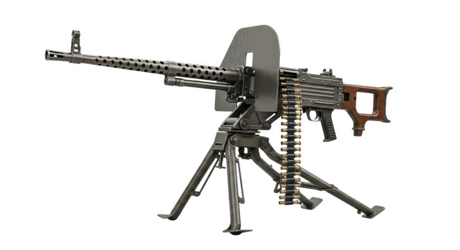 Vintage heavy machine gun with tripod and ammunition belt on transparent background