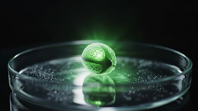 Green glowing embryonic cell specimen in petri dish with reflection. Laboratory biotechnology research, stem development, ivf fertilization experiment, medical science innovation. Microscopic