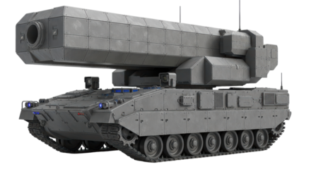 Futuristic armored combat tank with advanced weaponry on transparent background