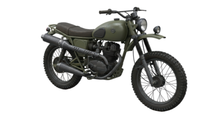 Vintage green motorcycle with classic design on transparent background