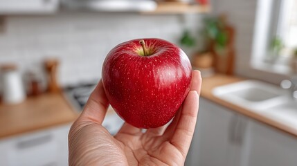 Fresh red apple held in hand, showcasing vibrant color and texture, set against a modern kitchen background with wooden countertops and soft natural light enhancing the scene's warmth and inviting atm
