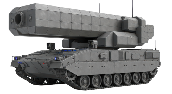 Futuristic armored combat tank with advanced weaponry on transparent background