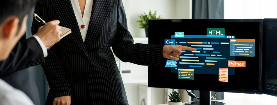 Software development or programming work with coding screen of various programming languages like HTML, , , and C brisk for new application development - Powered by Adobe