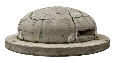 Concrete military bunker structure with cracks and moss growth on transparent background