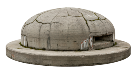 Concrete military bunker structure with cracks and moss growth on transparent background