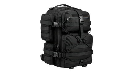 Black tactical backpack with straps and pouches on transparent background
