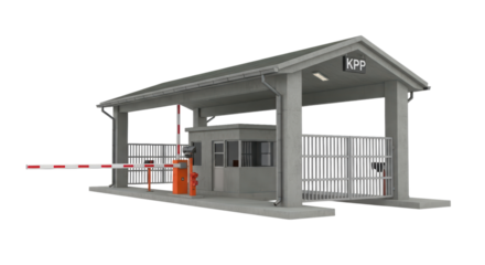 Guarded security checkpoint with gate and booth on transparent background