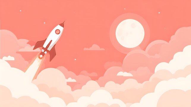 Illustration of a rocket going to the moon, warm colors, pastel touches, in the style of clip art, with simple lines and colors. Style children's book illustration, simple shapes, and flat colors
