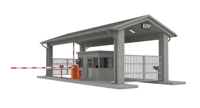 Guarded security checkpoint with gate and booth on transparent background