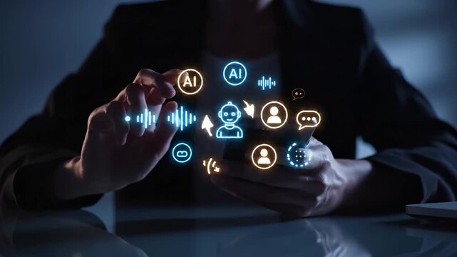Artificial intelligence chatbot interface with holographic icons. Digital communication technology, virtual assistant robot, voice recognition, messaging symbols, user profiles, automation concept