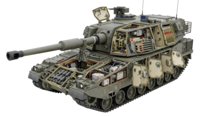 Detailed modern military tank with open panels and exposed interior on transparent background