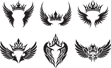 Tribal crown wings tattoo vector set