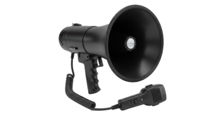 Black megaphone with microphone on transparent background