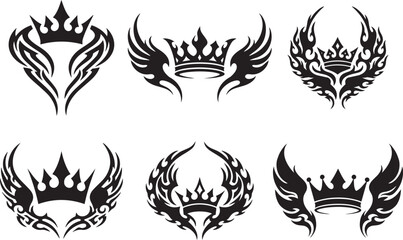 Tribal crown wings tattoo vector set