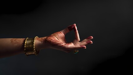Bridal hand in symbolic dance mudra with henna and bangles on black background with copy space