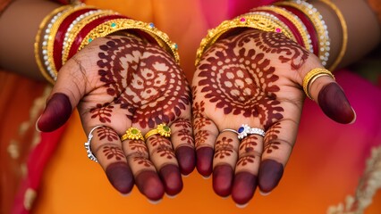 Bridal hands with intricate mehndi, gemstone rings and gold bangles in traditional Indian wedding style against vibrant background