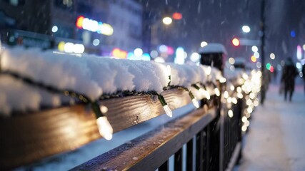 Snow covered wooden bench with festive string lights and colorful bokeh background on urban street. Winter evening atmosphere, holiday decorations, cold season in downtown area. Cozy christmas - Powered by Adobe